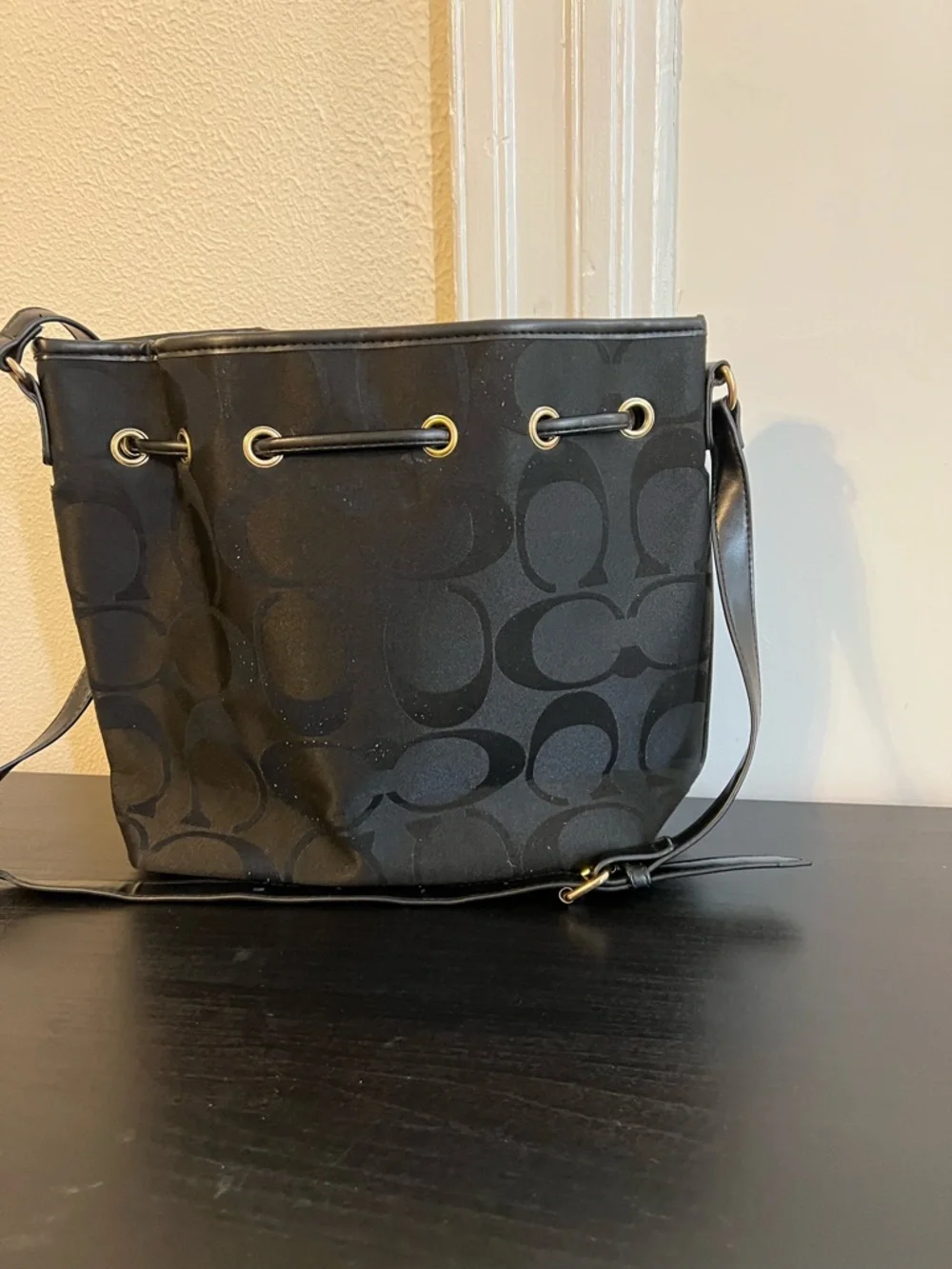 Coach Black Signature Drawstring Crossbody
